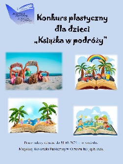 W lewym górnym rogu otwarta niebieska książka, z lewej strony po srodku dzieci leżą na plaży i czytaja książki, z prawej strony po środku na otwartej książce znajdują się palmy, tęcza, auto, dzieci,niebo. Na dole po lewej stronie na otwartej książce znajduja się palmy, czwórka dzieci w strojach kąpielowych, morze. Po prawej stronie na dole na otwartej książce znajduje się dom, staw z kaczkami, drzewa, trawa, jeden chłopiec biega i łapie motyle, drugi chłopiec ogląda kwiaty przez szkło powiększające.